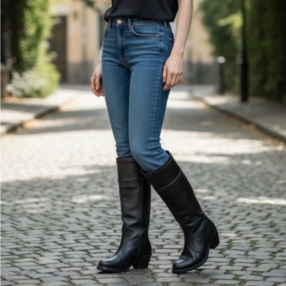 FRYE JANE STITCH B77233 BLACK TALL LEATHER PULL ON HEELED BOOT SIZE 8